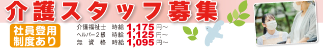 介護スタッフ募集　社員登用制度あり　介護福祉士　時給1,175円〜　ヘルパー2級　時給1,125円〜　無　資　格　時給1,095円〜